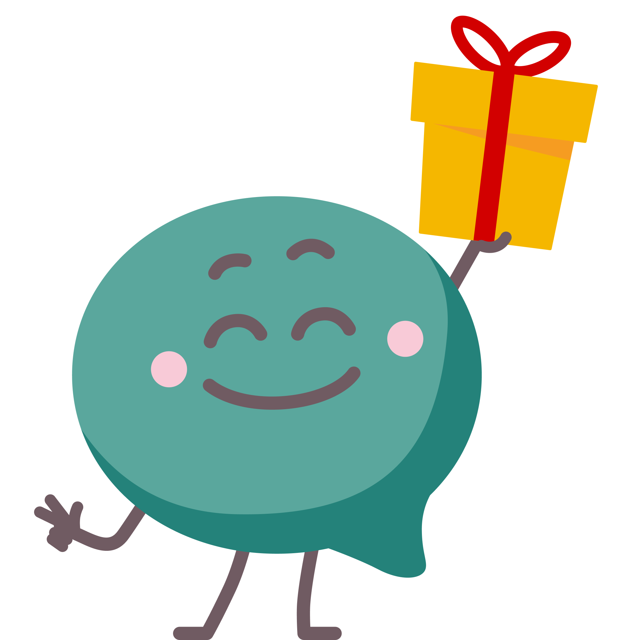 Türkise Kundenstimme-Sprechblase lächelt und hält ein Geschenk hoch.